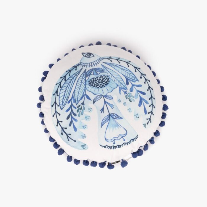 Coussin Rond avec Oiseau Bleu Brodé BLUE BIRD – Image 1